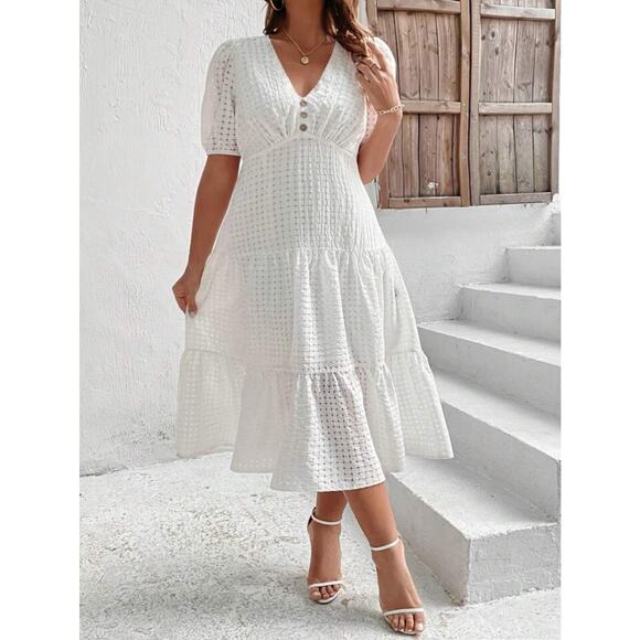Shein Dresses & Skirts - SHEIN White Woven Weave Short Sleeve Tiered Ruffle Maxi Dress Size 6